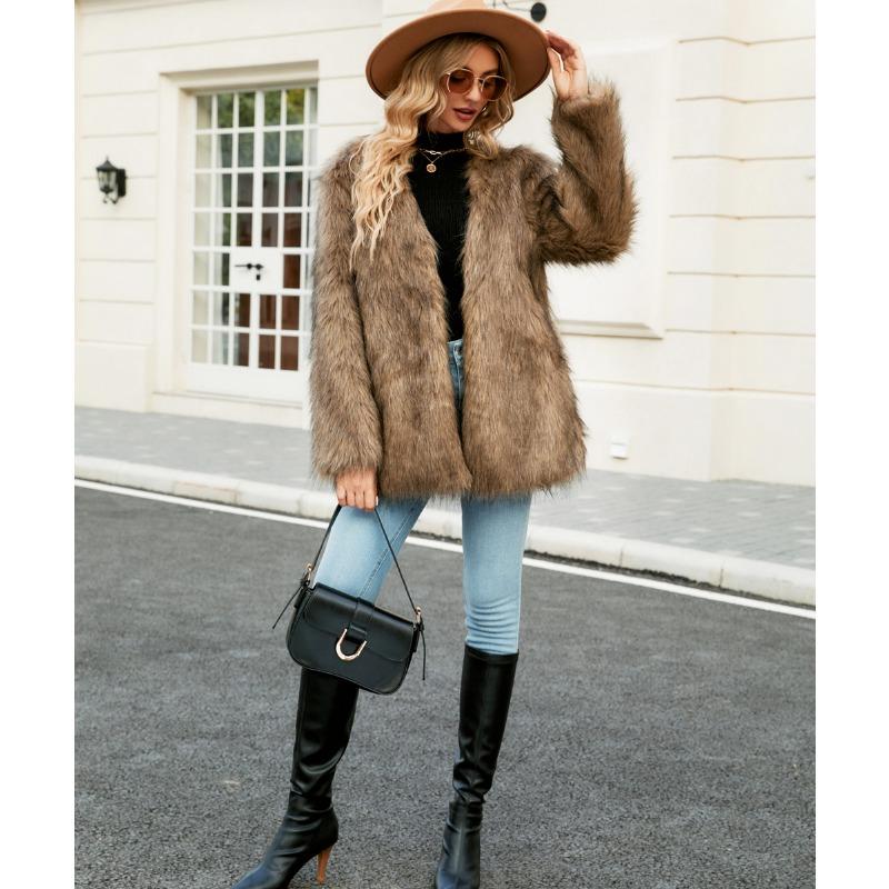 Autumn Winter V-neck Women's Faux Fur Jacket Warm Fashion Casual Short Top Oversize Coat Artificial Fur
