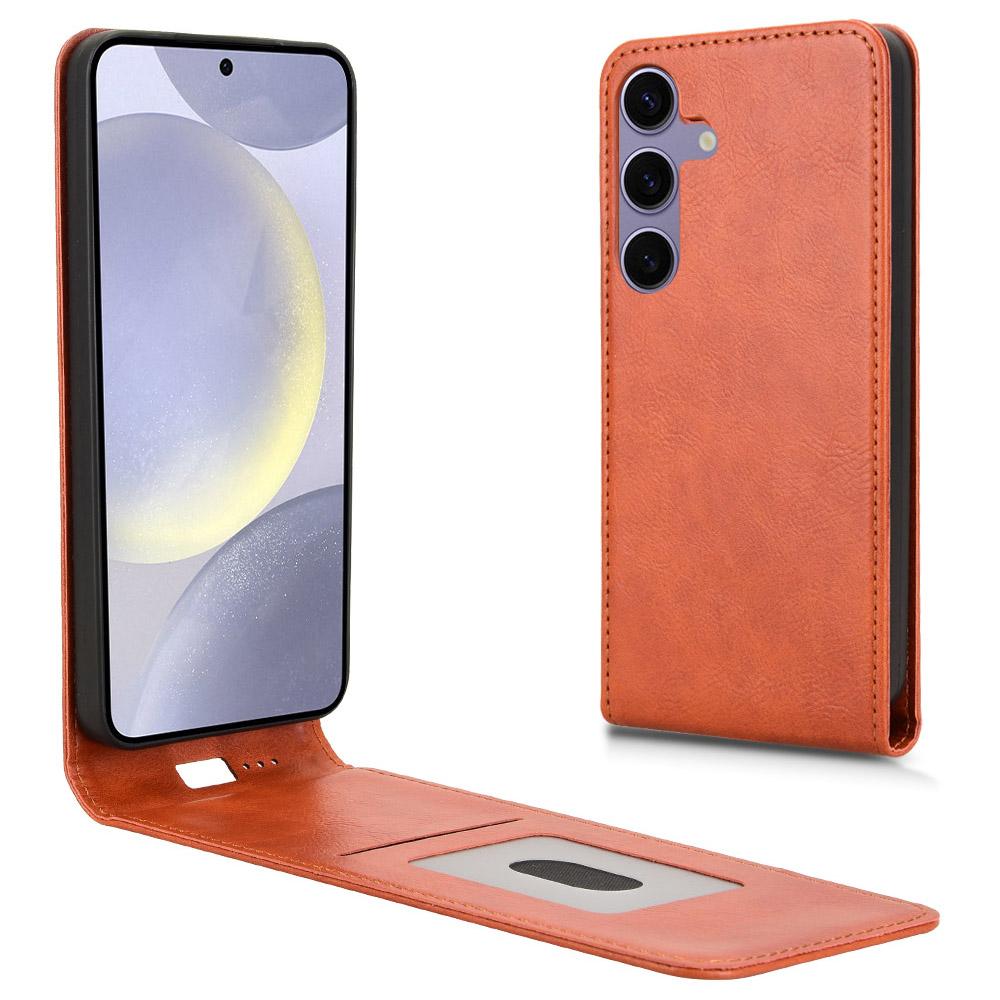 

For Samsung Galaxy S25+ Case with Card Slot Magnetic Vertical Flip Leather Phone Cover Orange