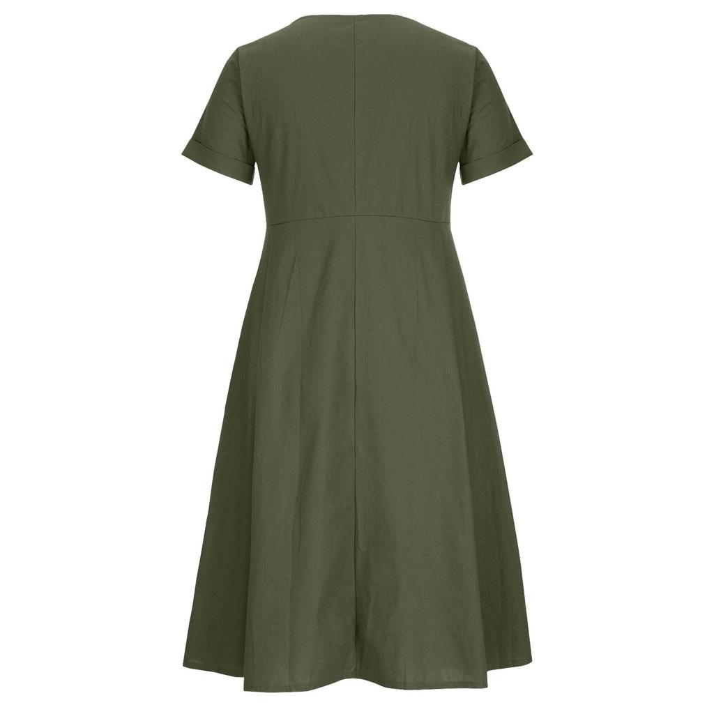 Lässiges Sommerkleid für Damen mit V-Ausschnitt, Knopfleiste, Baumwolle und Leinen, einfarbig, kurzärmelig, mittellang