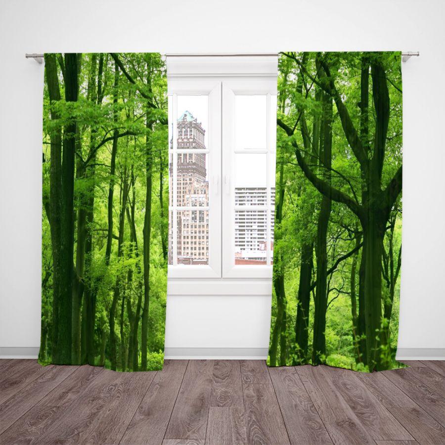 2pcs- Green simulated forest polyester curtains, pole bag curtains 42 * 84, bedroom, living room, family room decoration