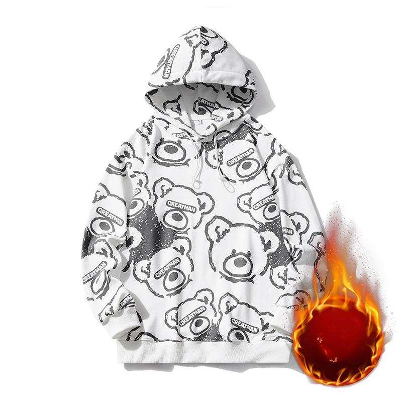 Marca de Moda Otoño e Invierno Casual, Versátil, Cómoda y a la Moda Sudadera de Terciopelo con Capucha y Estampado Integral de Oso para Parejas