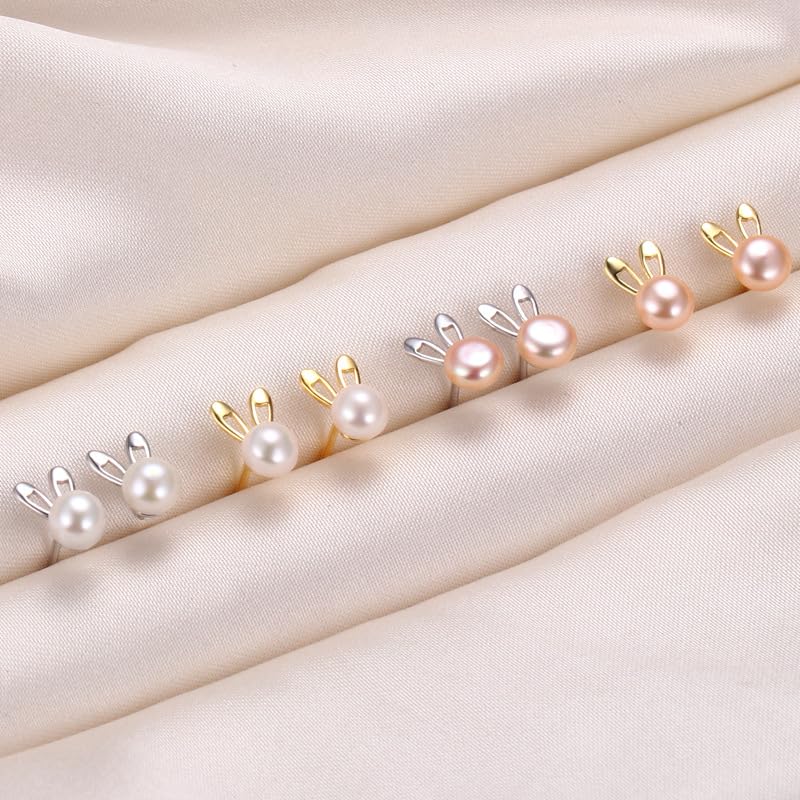 freshwater pearl earrings Rabbit ladies pearl one grain silver 925 cute stud Leave it on Smaller Compatible with metal allergies gold everyday use