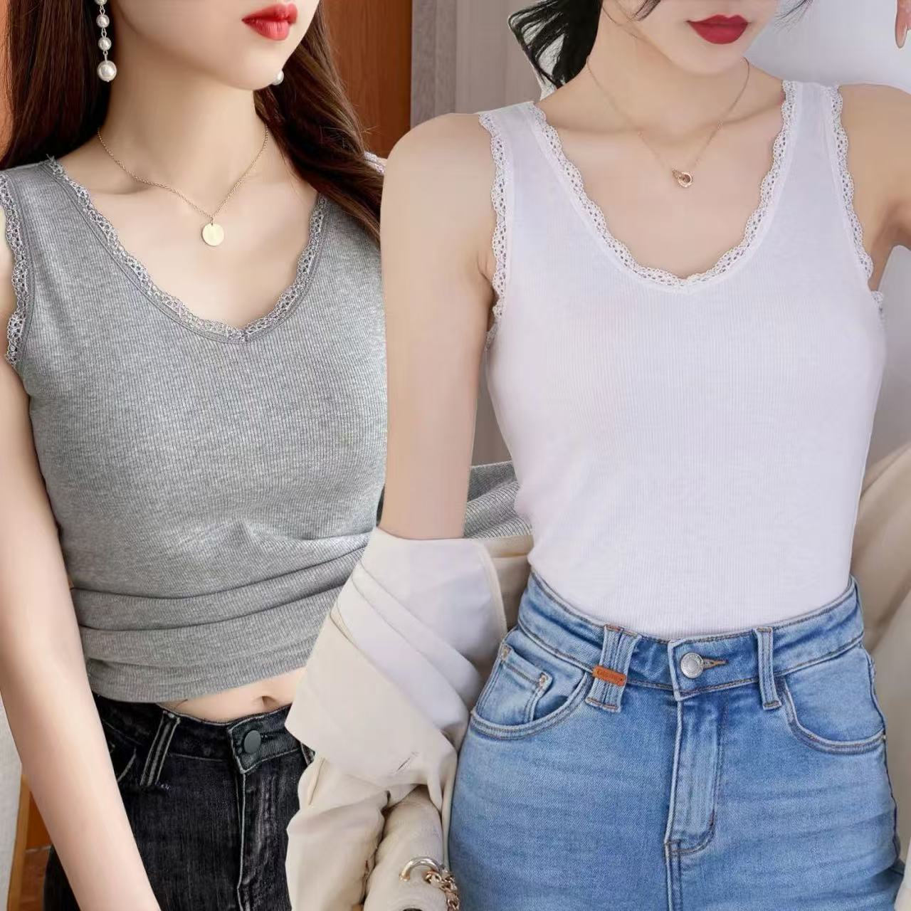 

Сексуальный кружевной топ с v-образным вырезом для женщин, облегающая майка в рубчик в корейском стиле, идеально подходит для многослойного ношения или ношения в одиночку весной и летом 5XL