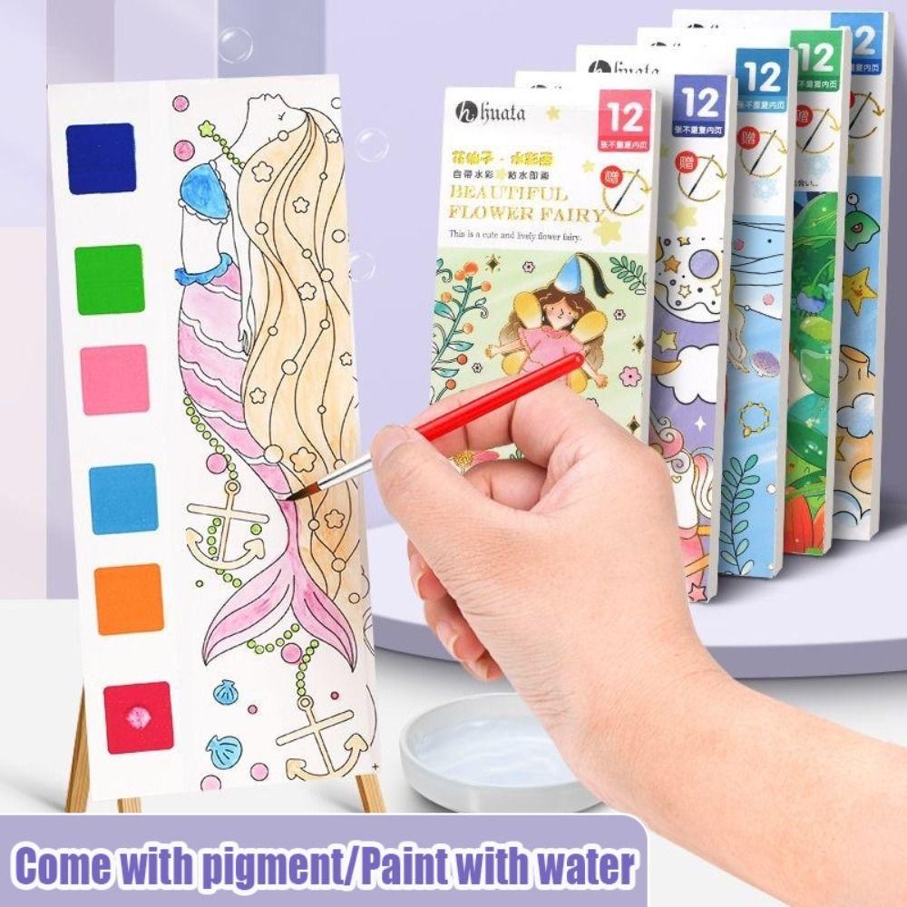 With Painting Brush Watercolor Coloring Book 12 Pages Mini Paint Pad  Children