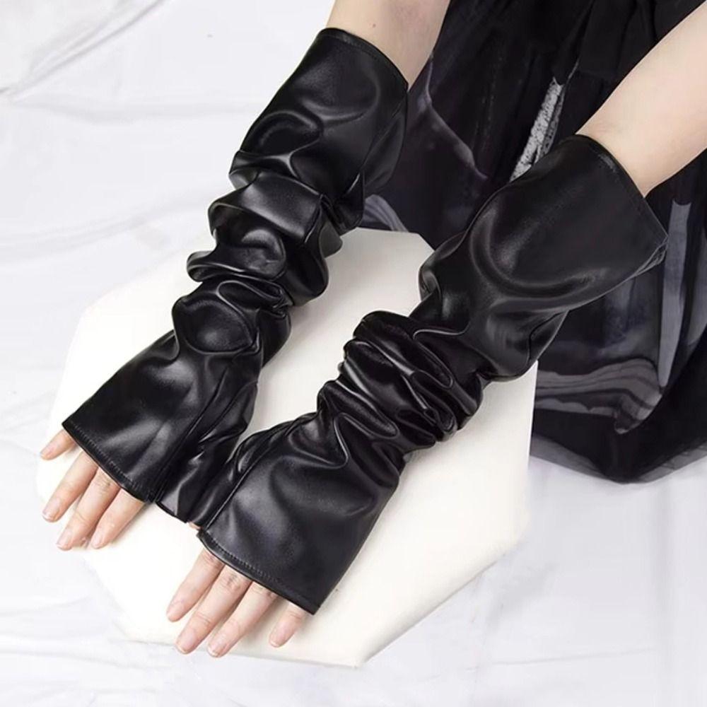Long Arm Warmer Fingerless Gloves Black Women Gloves PU Leather Gloves Dance Performance