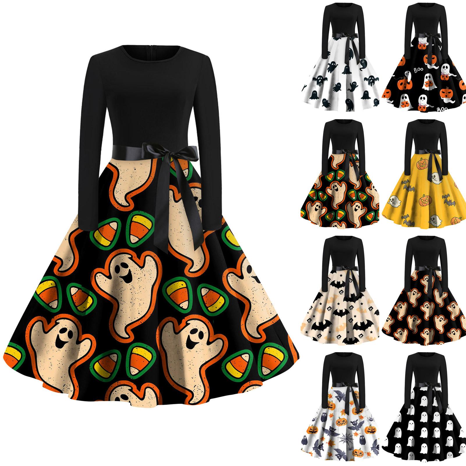 

Женское платье-клеш с принтом на Хэллоуин для женщин Платье с длинным рукавом Повседневные платья для вечеринок