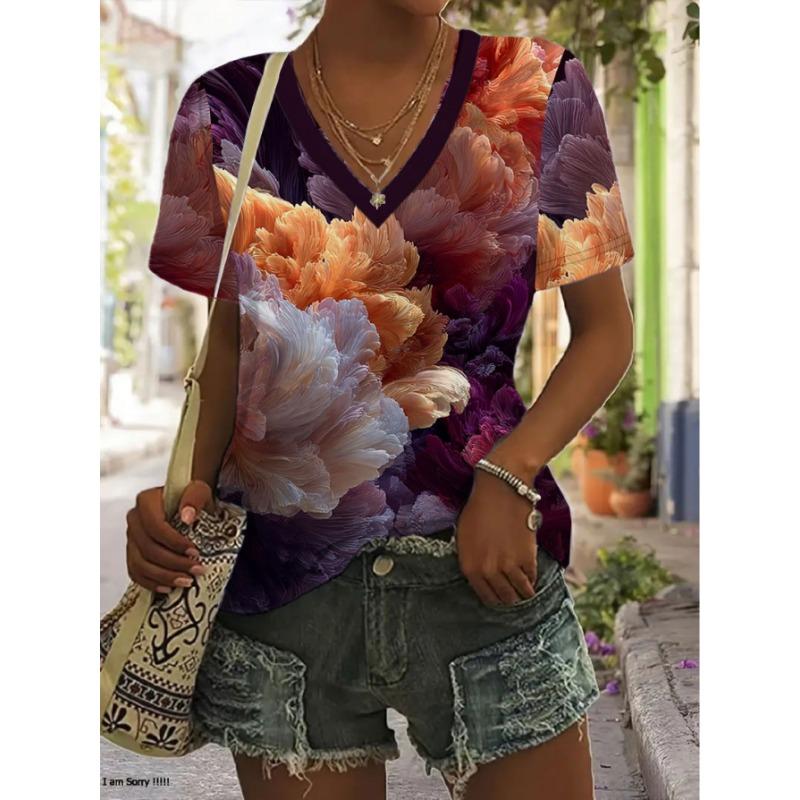 

Purple And Orange Floral Patterned V-Neck Short-Sleeve T-Shirt for Women, Featuring an Artistic Loose Fit That Flatters The Figure S