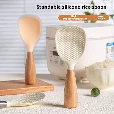Rice Spoon Silicone Rice Spoon Standable Non - Stick Rice Spoon, Food - Grade Silicone/Wood, Home Rice Cooker Serving Spoon