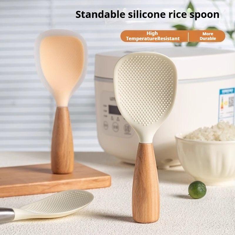 Rice Spoon Silicone Rice Spoon Standable Non - Stick Rice Spoon, Food - Grade Silicone/Wood, Home Rice Cooker Serving Spoon