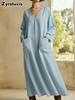 Spring New Loose Casual Solid Color V-Neck Pocket Long Sleeve Cotton Linen Dress