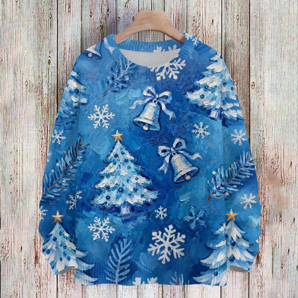 Ladies' Fashionable And Casual Christmas Cute Printed Round Neck Long Sleeved Knitted Yarn