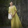 Johnature Women Vintage Dresses V-Neck Short Sleeve Summer Solid Color Loose Women A-Line Dresses