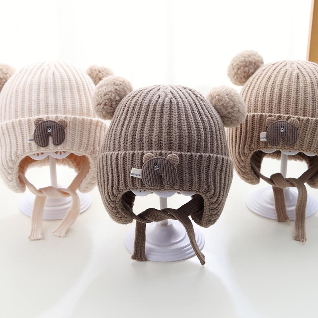 Cartoon Bear Baby Knit Hat Cute Pompom Infant Ear Protection Cap Winter Warm Kids Girls Boys Earflap Hats