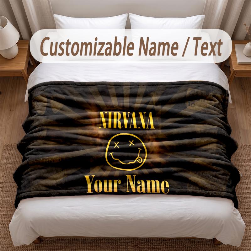 Nirvana Printed Flannel Blanket Custom Name Text Soft Warm Throw For Bedroom Holiday Gift