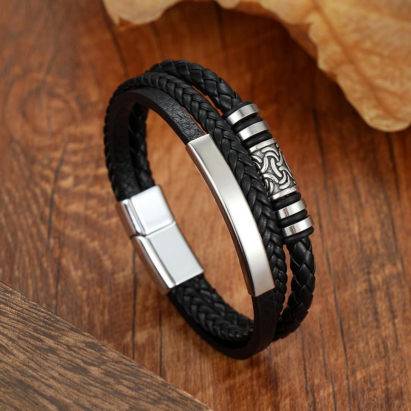 

Handmade Braided Leather Rope Bracelet For Men Geometric Pattern Stylish Wristband Accessory чёрный
