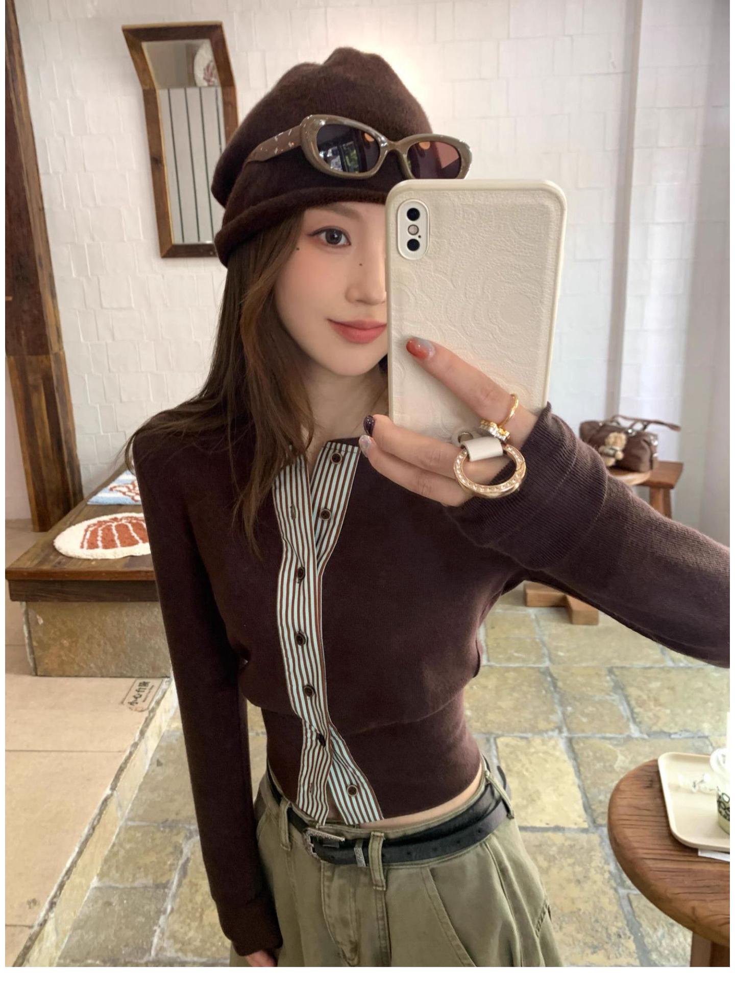 

Korean-Style Coffee Color Faux Two-Piece Cotton Cardigan for Women, Petite Slimming Long-Sleeved Autumn Top Large кавовий