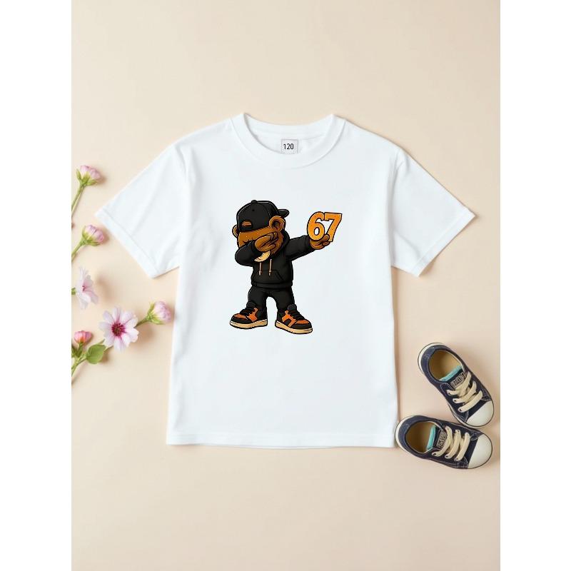 European sizes Trendy Cartoon Bear Print Children s T-shirt, Unisex Spring/Autumn Hooded Sweatshirt, Casual Sportswear Top with 67 Number Pattern 110 белый