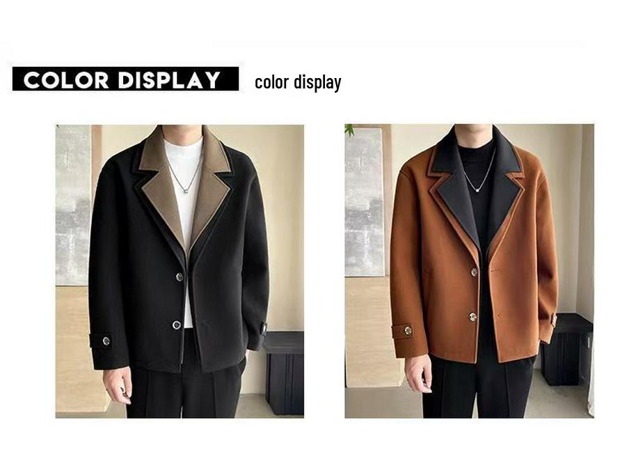 Men's High-End Street Style Wool Coat - Thickened Double-Layer Collar, Color Block Casual Patchwork for Autumn/Winter