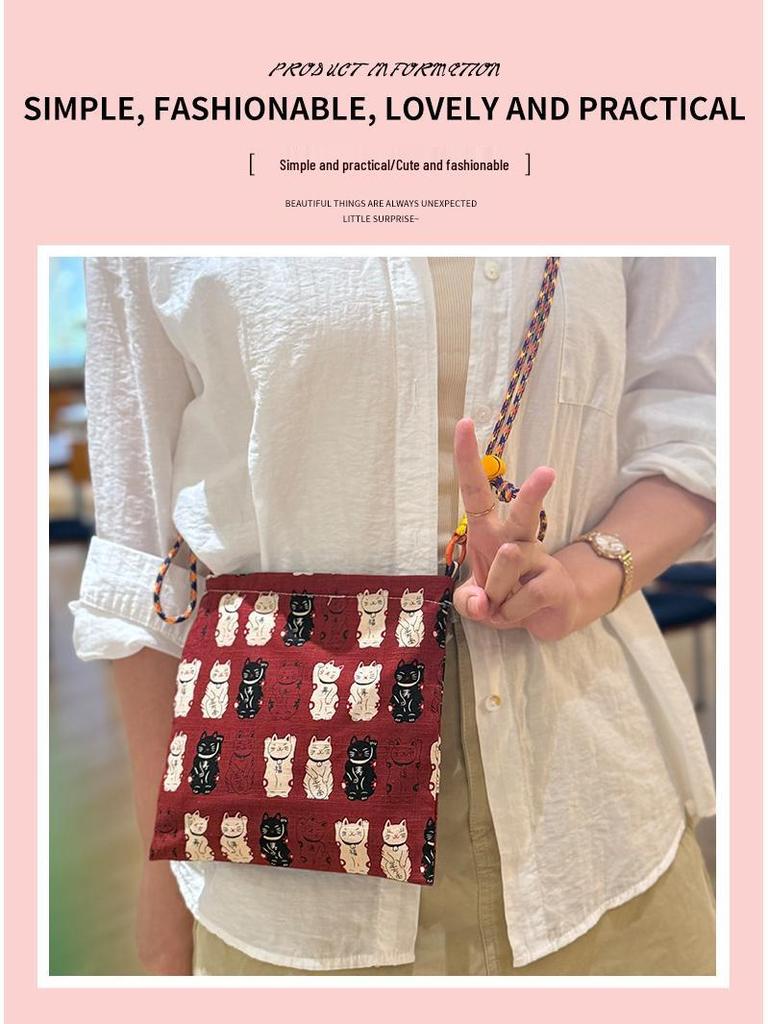 Adorable Lucky Cat Handbag: Lunch & Snack Bento Box, Mobile Phone Carrier, Crossbody & Hand-Carried Cloth Bag