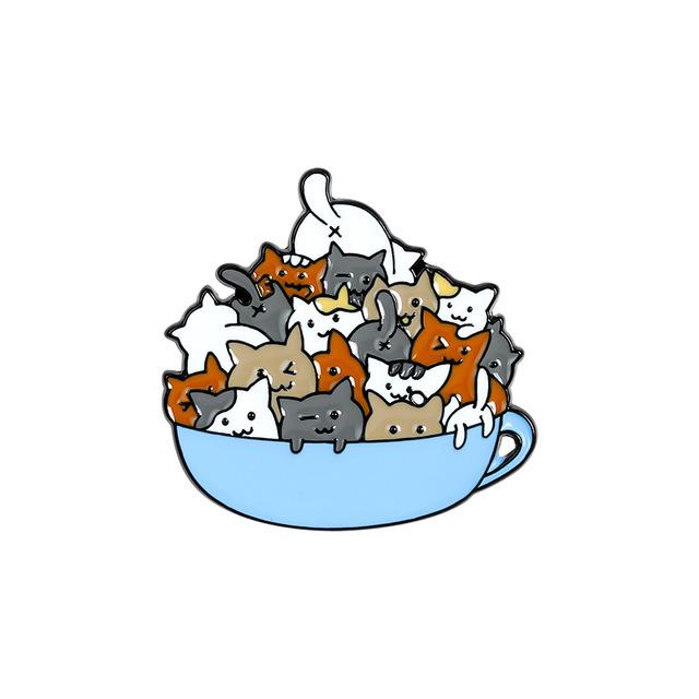 Playful Kitten in Bowl Brooch - Cartoon Cat Friend Badge