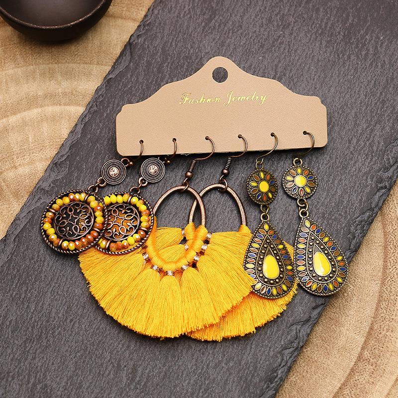 Bohemian Ethnic Style Earrings Set for Women Creative Retro Drop Oil Rhinestoen Water Drop Tassel Earring Female Jewelry