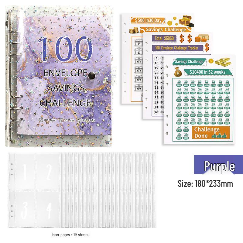 Cross-border 100-Day Large Capacity Transparent Piggy Bank & PVC Loose-leaf Album for Commemorative Banknote & Star Card Collection фиолетовый