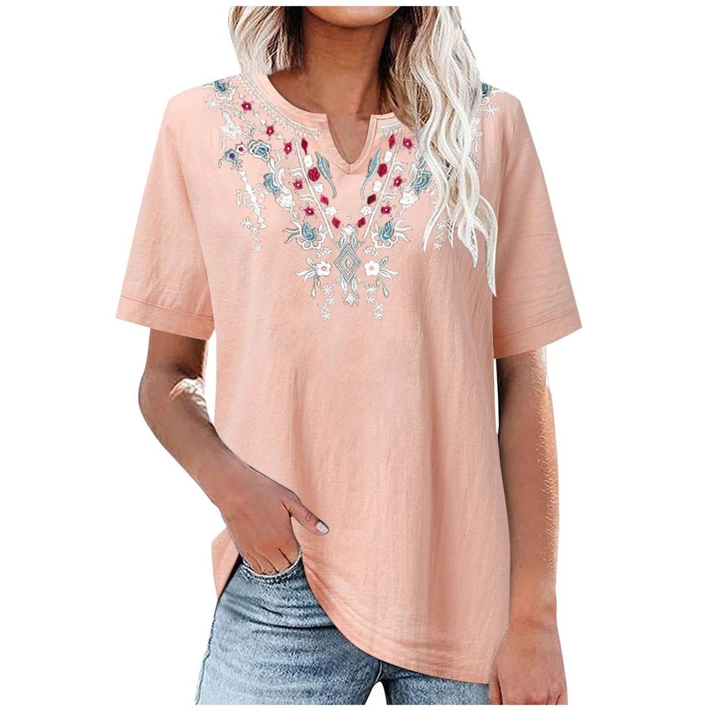 Cotton And Linen Embroidered Shirt V-Neck Color Women's Artistic Loose Fitting Short Sleeved Summer