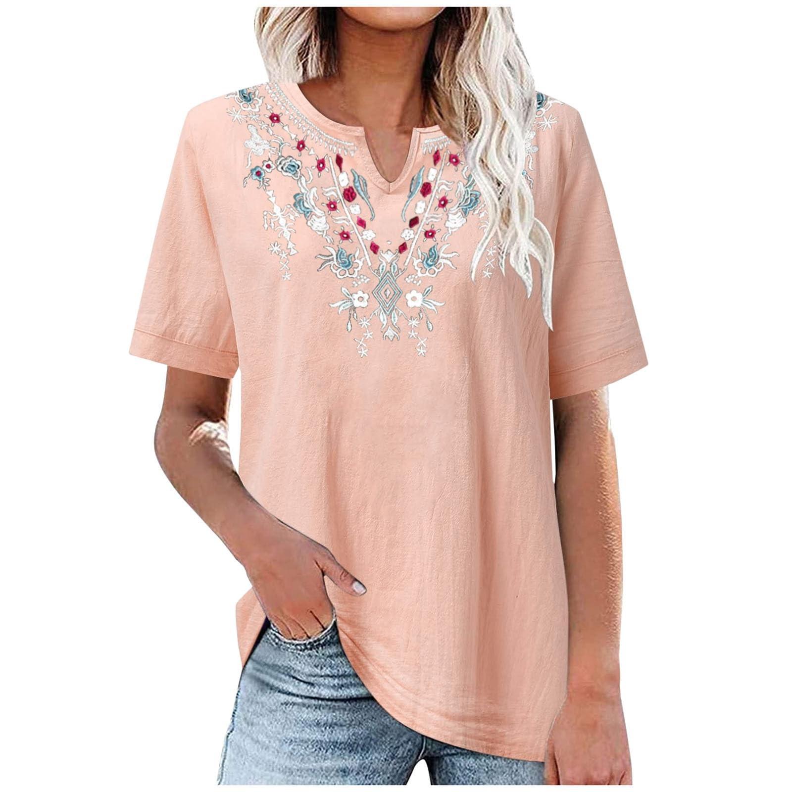 Cotton And Linen Embroidered Shirt V-Neck Color Women s Artistic Loose Fitting Short Sleeved Summer M розовый