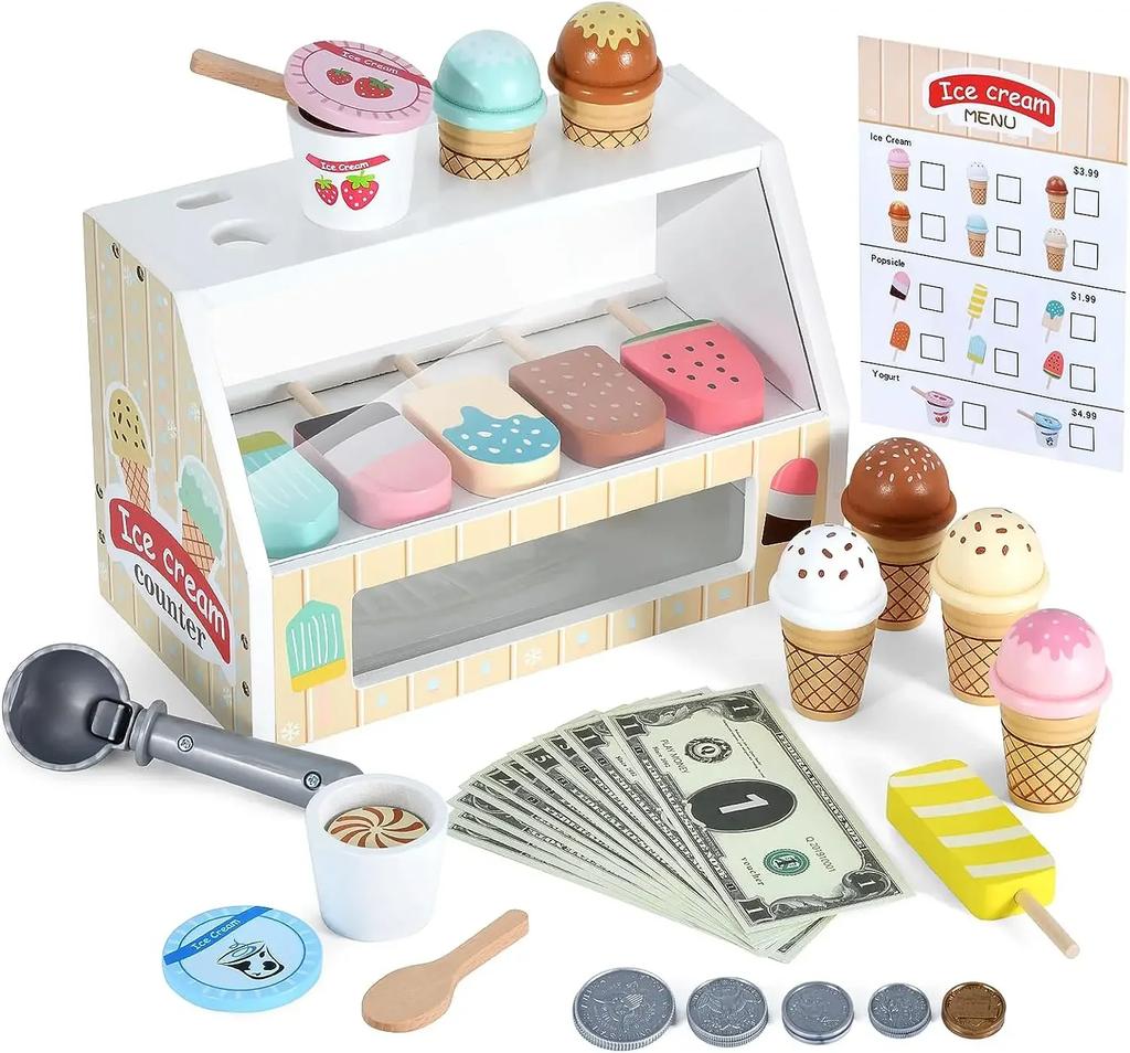 Wooden Ice Cream Counter Playset for Toddler Toys, Montessori Pretend Play Food Toys Kitchen Accessories Early Learning AidsFMX