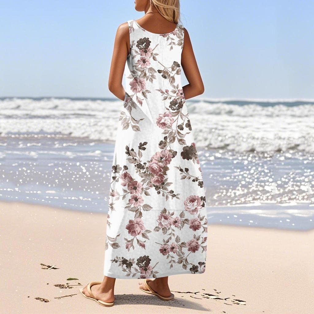 Women's Summer Fashion Round Neck Sleeveless Beach Dress Vintage Floral Printed Dresses