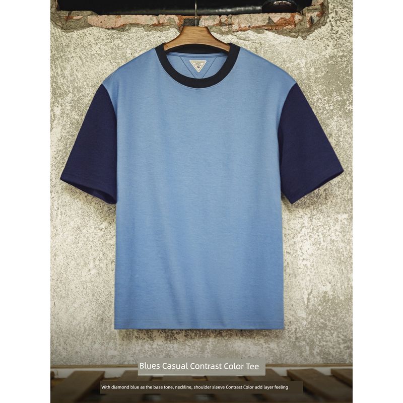 Retro Color-Blocked T-Shirt with Ribbed Neckline, Drop Shoulder Sleeves, Loose Fit, Air Layer, Contrasting Color Short-Sleeve Men's Summer Wear