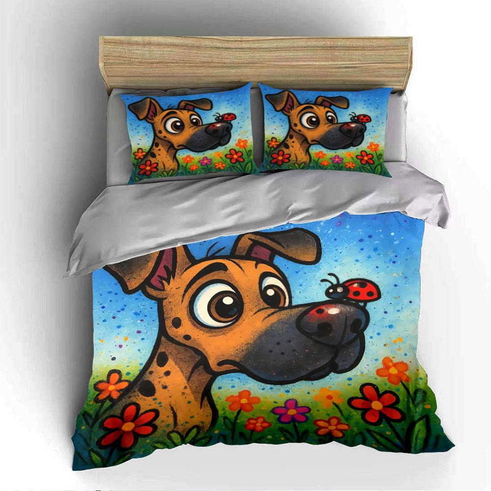 Cartoon Dog with Ladybug Pattern Bedding Duvet Cover Set Duvet Cover Pillowcases  (1*Duvet Cover 2*Pillowcases, Without Duvet Insert)
