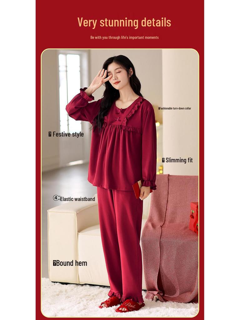 Red Newlywed Couple Pajama Set: Men's & Women's Long Sleeve Cotton Bridal Homewear for Spring and Autumn