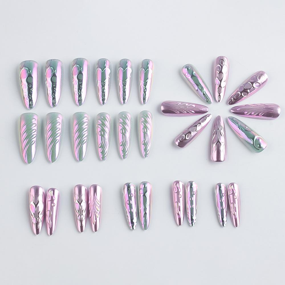 Cross-Border Shimmer Silver Gradient Aurora Blush Nail Stickers - 30 Pieces, Long Pointed, 3D Light Luxury Design.