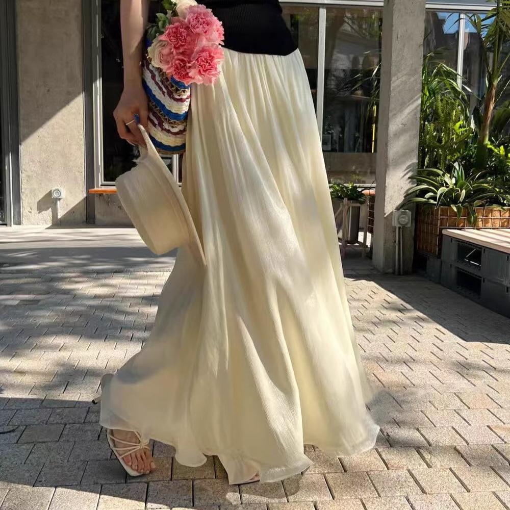 

DIMANAF 2025 Summer Women New Skirts Solid Elastic Waist Pleated Mesh Elegant Yellow Blue Skirts One Size бежевый