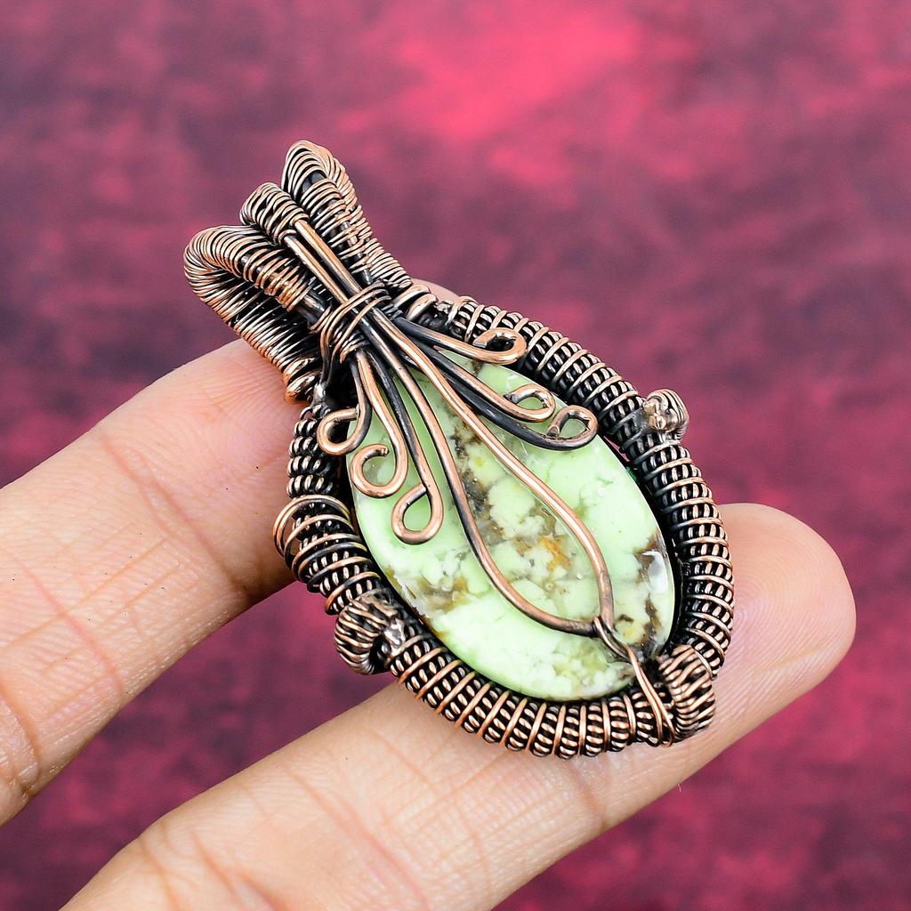 Lemon Chrysoprase Gemstone Pendant Copper Wire Wrapped Jewelry Moonstone Pendant