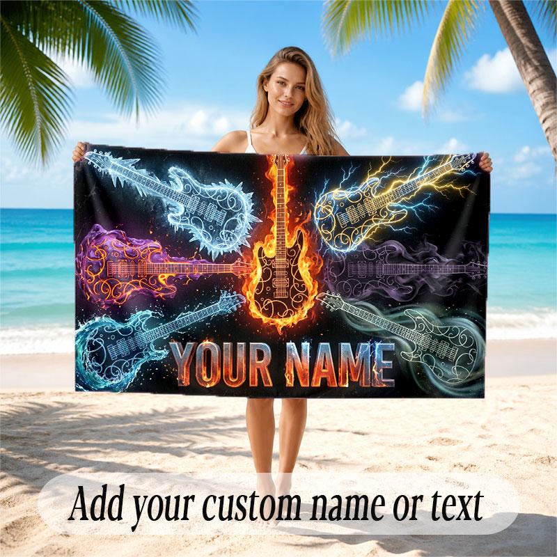 Music Guitar Theme Beach Towel Personalized Custom Name & Text Soft Quick Dry Beach Towel for Swimming Travel