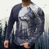 Round Neck 3D Wolf Printed Top Casual Long Sleeved Men's T-shirts - Soft Medium Stretch Polyester Fabric Spring and Autumn Relaxed Fit Clothing