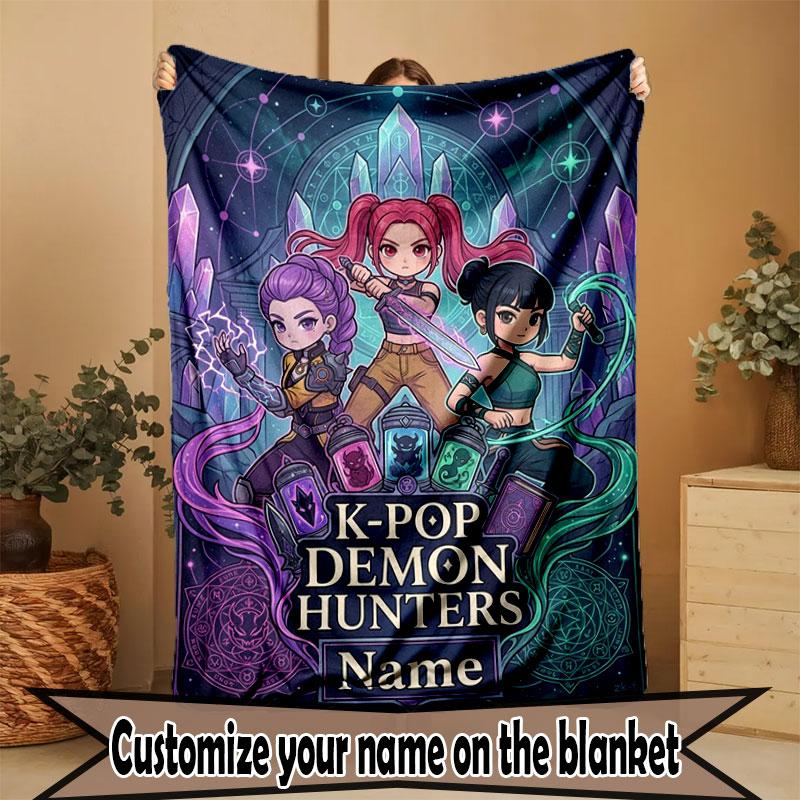 Custom Name Personalized Demon Hunters Kpop Print Blanket, Home Decor, Bedroom, Sofa, Camping, Couch, Gifts for Birthday Christmas
