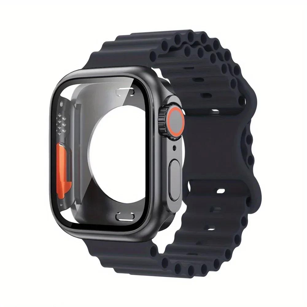 PC Firm Cover+Strap for Apple Watch Band 44 46 45mm 41/40mm Glass+Case Silicone Bracelet Correa IWatch Series 10 9 8 7 SE 6 5 4
