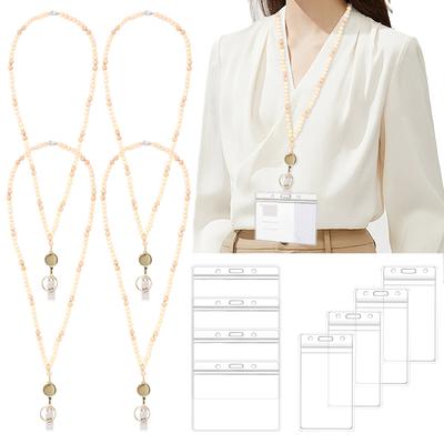 4 Pcs Lanyard for ID Badges Wooden Beaded Teacher Lanyard with ID Holder and Retractable Badge Reel for Keys Women Office Staff