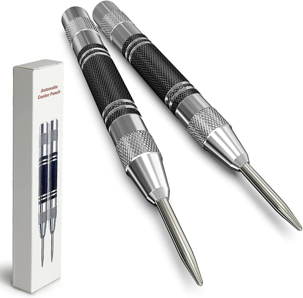 2 Pack Automatic Center Punch 5 inch Heavy Duty Steel Spring Loaded Center Hole Punch with Adjustable Tension Punch Tool for Metal Wood Glass Plasti