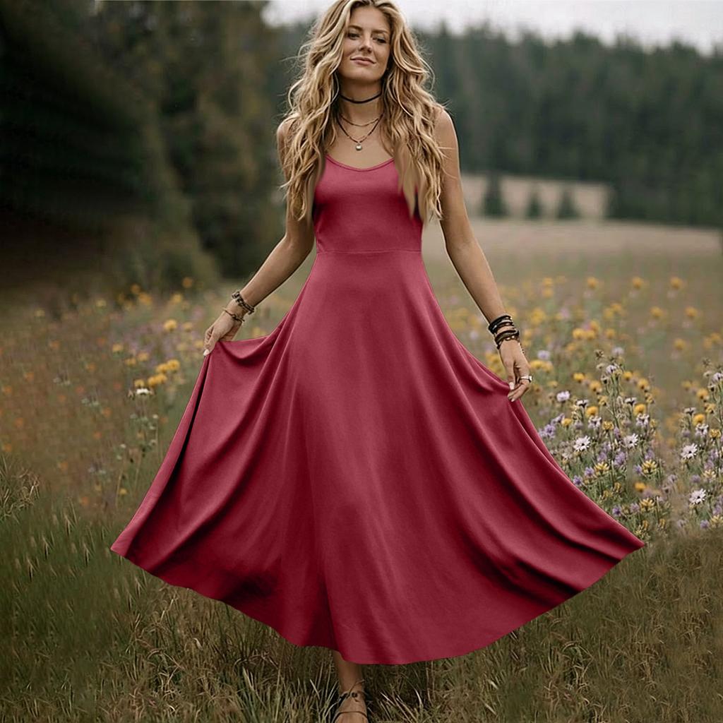 Women V Neck Sleeveless Long Dress Summer Spaghetti Strap Casual Loose Fit Maxi Dress Solid A Line Sundress