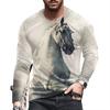 Essential 3D horse print long sleeve T-shirt, casual men's stylish top.