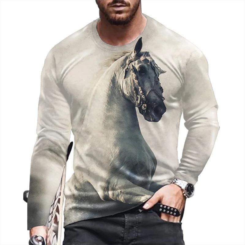 Essential 3D horse print long sleeve T-shirt, casual men's stylish top.