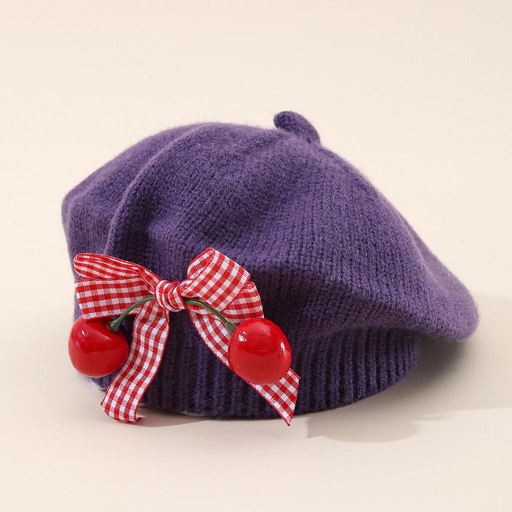 Charming Woolen Beret with Bow & Cherry for Kids - Autumn & Winter Solid Color Hat