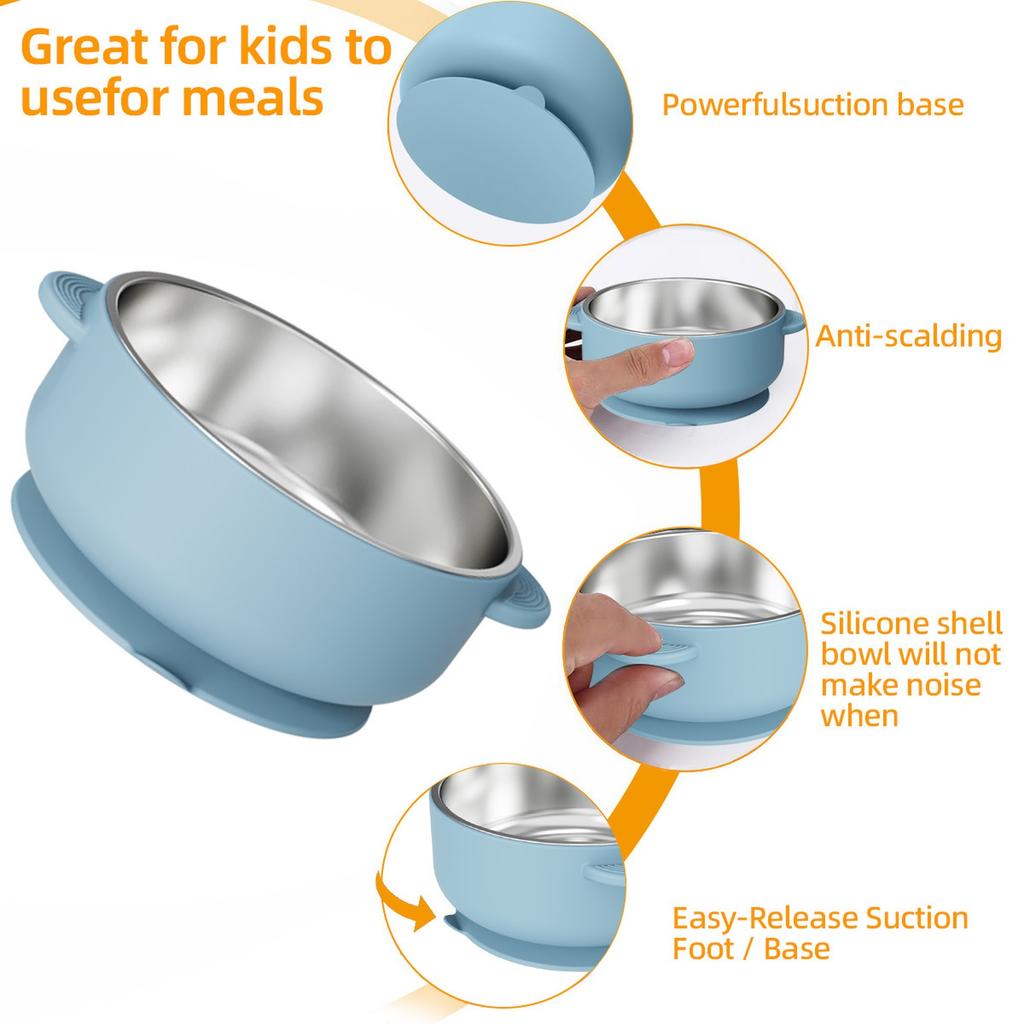 Baby Silicone Feeding Bowl with Suction Cup, Stainless Steel Bowl, -Fall Kids Tableware Set with Spoon Fork