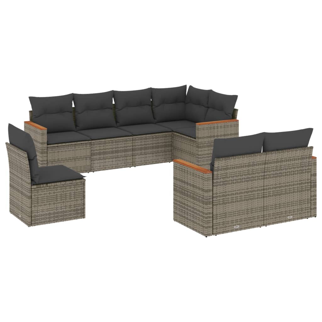 Vidaxl 8-Cz. Gartenmöbel-Set mit Kissen, Grau, Polyrattan