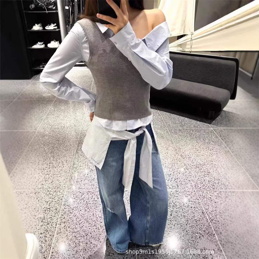 Women s Two-Piece Knit Vest and Layered Shirt - Early Spring Design Large синий
