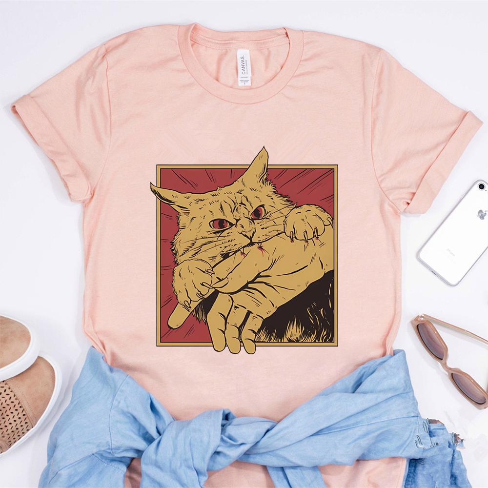 Vintage Cat Bite T Shirt Japanese Horror Anime Tshirt Horror Cat Tshirt Cats Crazy Shirts Unisex Retro Short Sleeve Tops